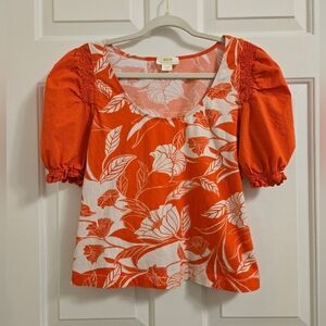 Maeve Anthropologie Floral Puff Sleeve Blouse In Orange And White Size Medium